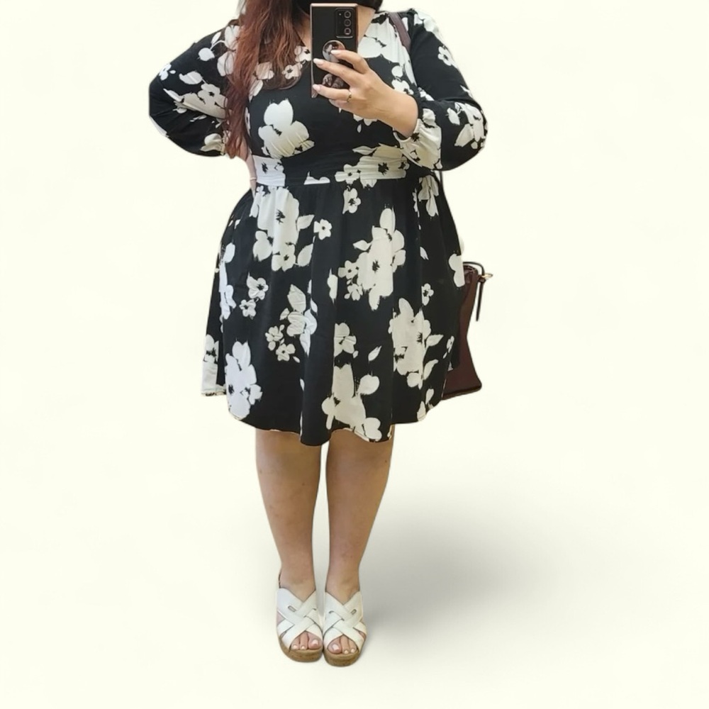 Womens 2X Ava viv floral mini dress balloon sleeve black and white